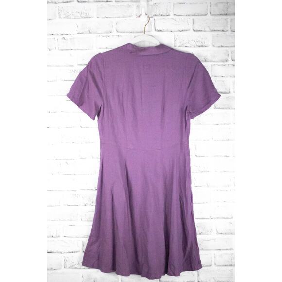 Madewell Purple Linen Short Sleeve A Line Button Front Dress Size 0 Collar Retro - Picture 5 of 11